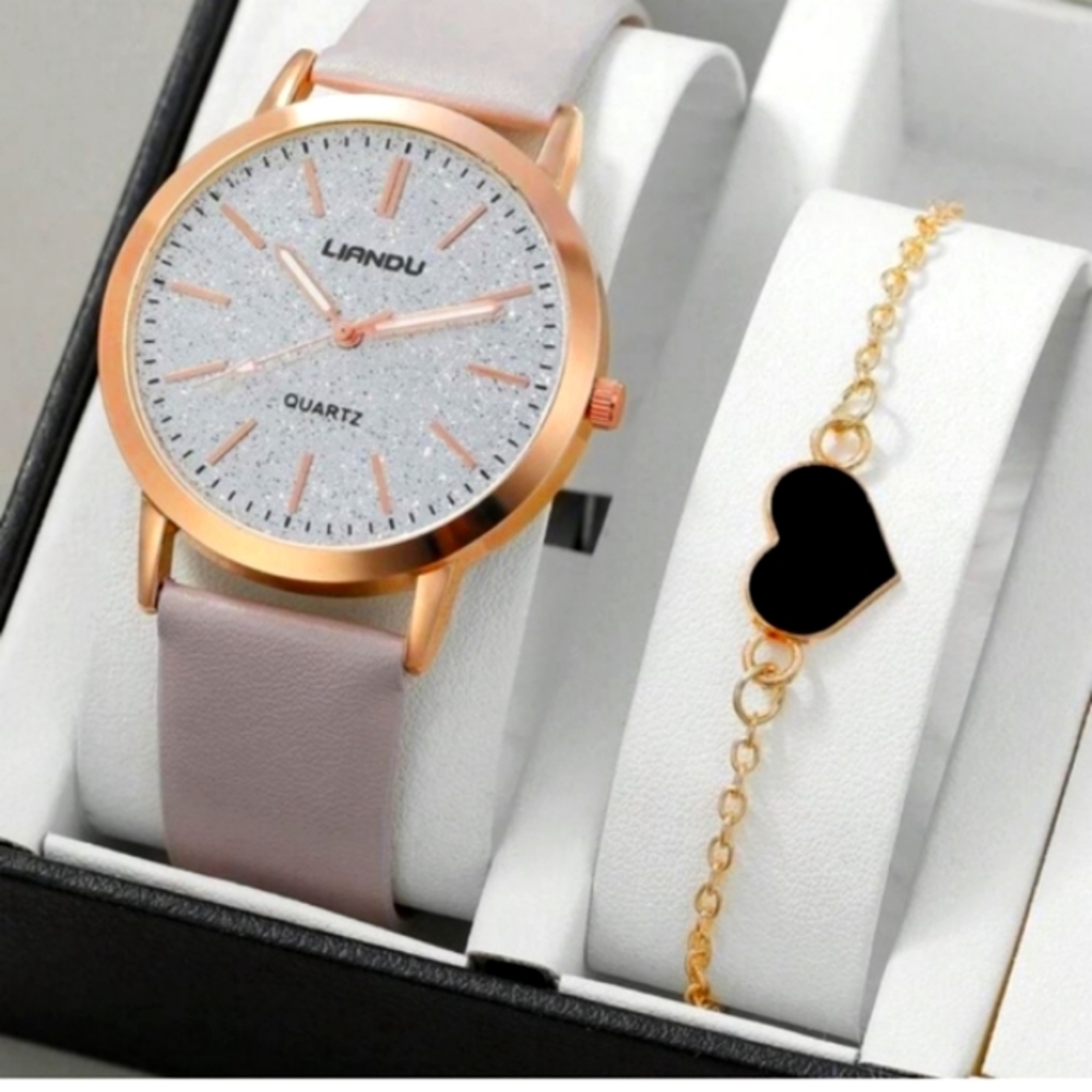 Rose gold quartz watch & black bracelet